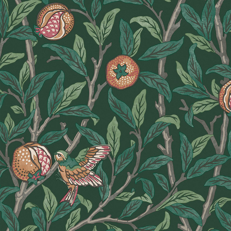 Deep Green Bird and Pomegranate Wallpaper Roll