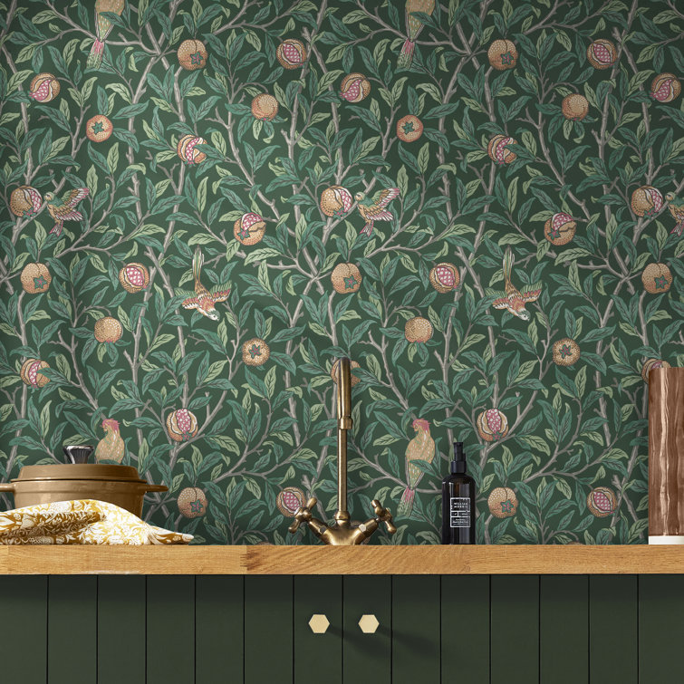 Deep Green Bird and Pomegranate Wallpaper Roll