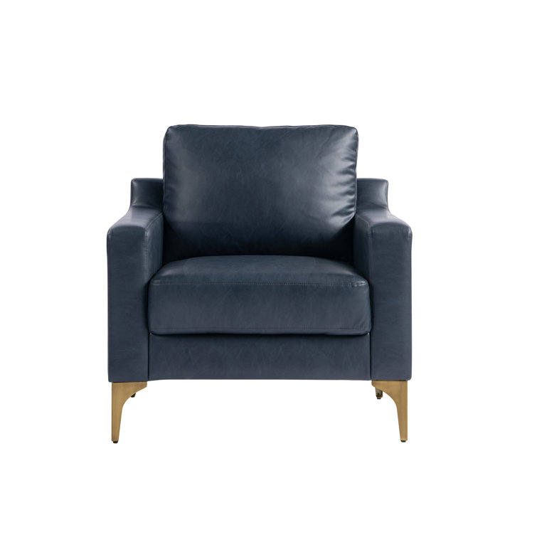 Navy Blue Faux Leather and Wood Accent Chair