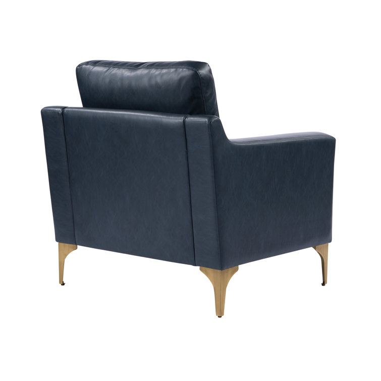 Navy Blue Faux Leather and Wood Accent Chair