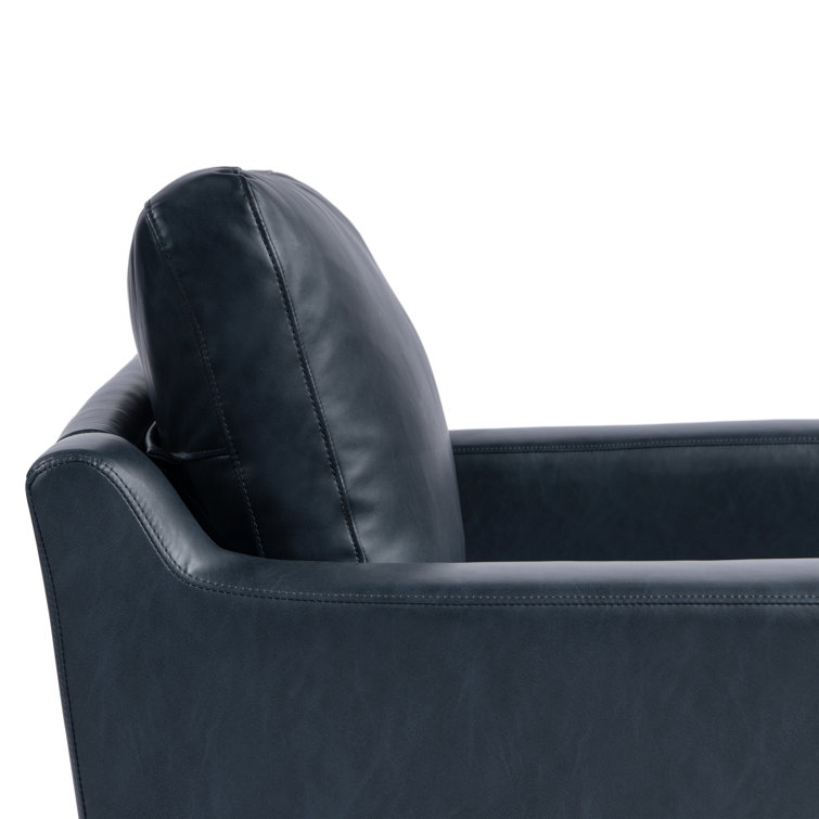 Navy Blue Faux Leather and Wood Accent Chair