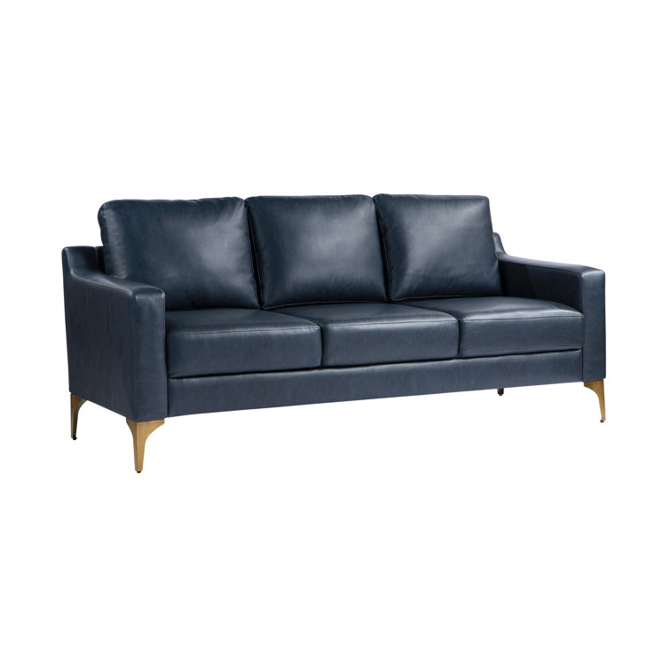 Navy Faux Leather Sofa with Removable Cushions and Wood Legs