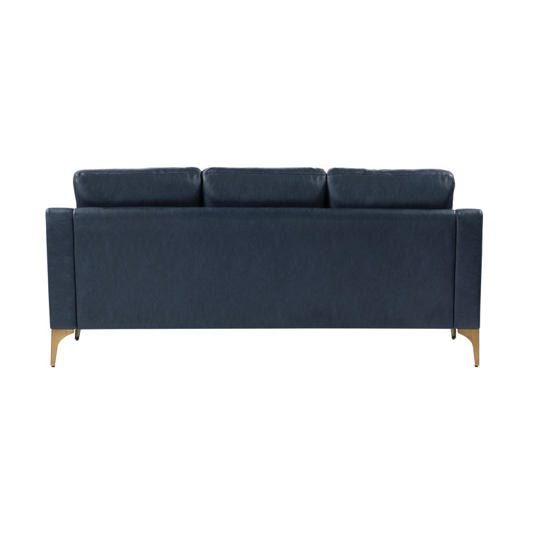Navy Faux Leather Sofa with Removable Cushions and Wood Legs