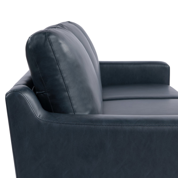 Navy Faux Leather Sofa with Removable Cushions and Wood Legs