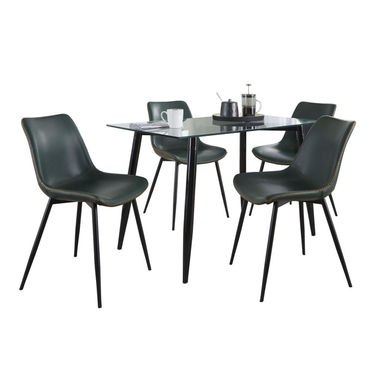 5-Piece Black Metal and Green Faux Leather Dining Set with Glass Top