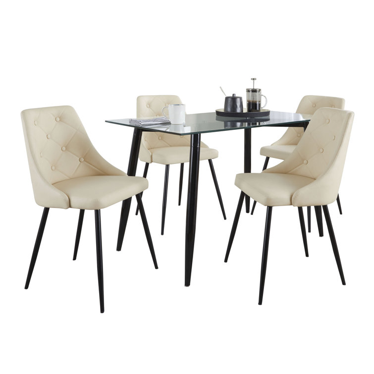Clara-Giovani 5-Piece Black Metal and Glass Dining Set with Cream Faux Leather Chairs