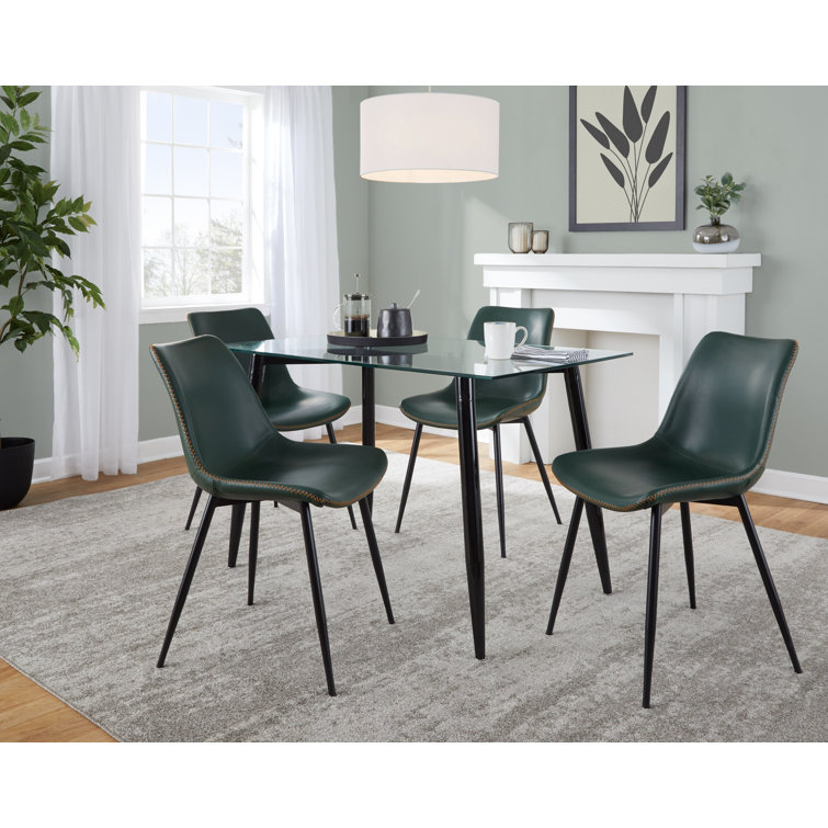 5-Piece Black Metal and Green Faux Leather Dining Set with Glass Top