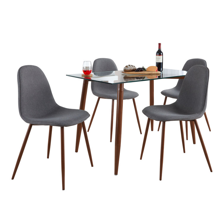 Mid-Century Modern Glass Top Dining Set with Walnut Legs