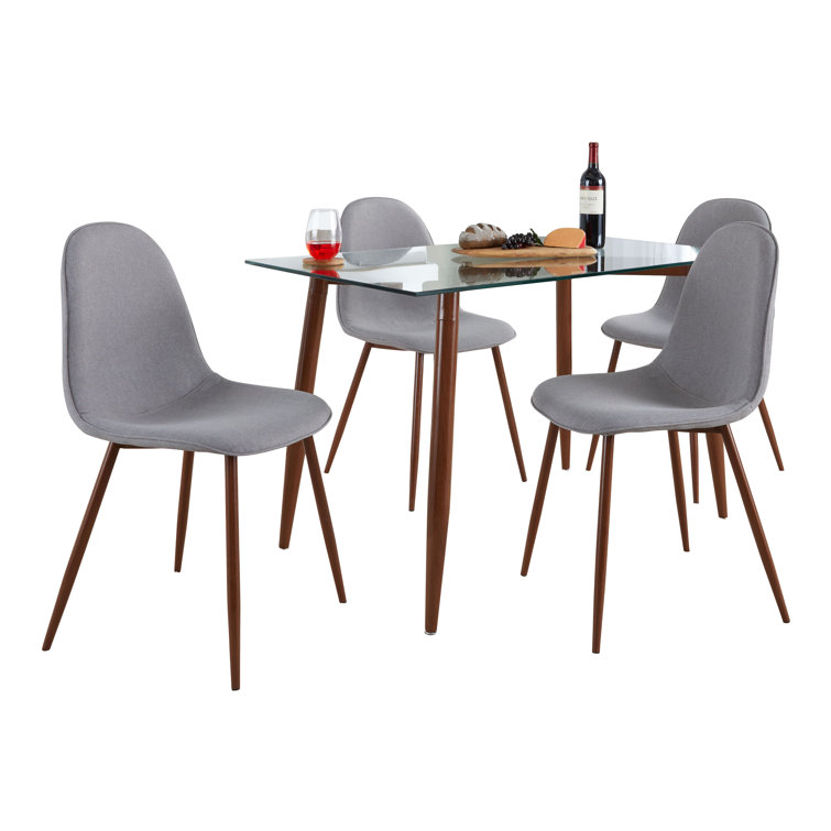 Mid-Century Modern 5-Piece Glass Top Dining Set with Gray Chairs