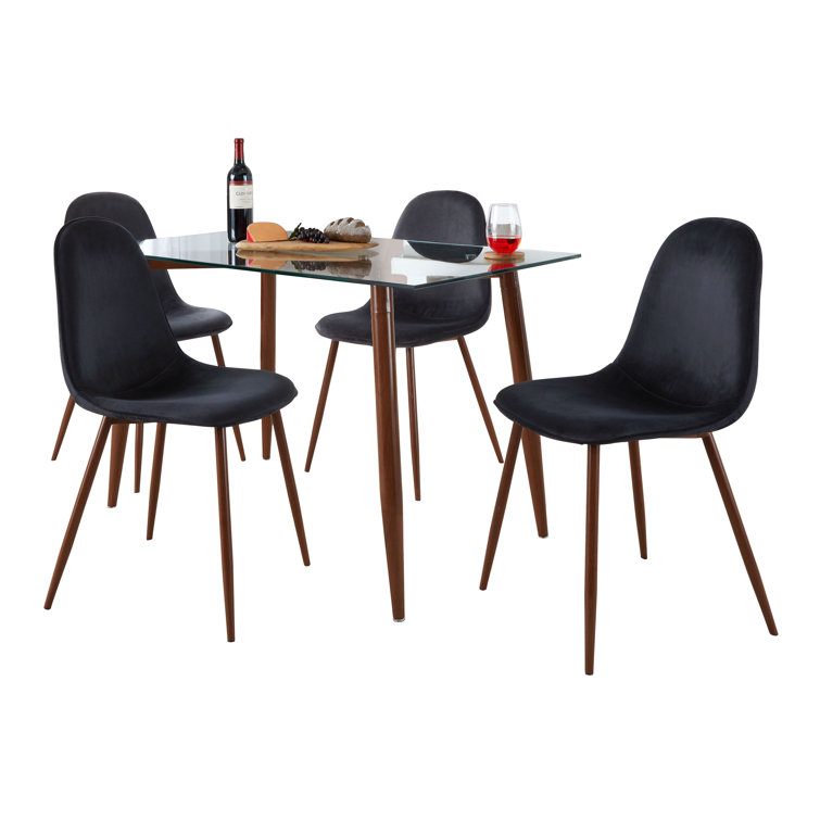 5-Piece Clear Glass Top Dining Set with Black Velvet Chairs
