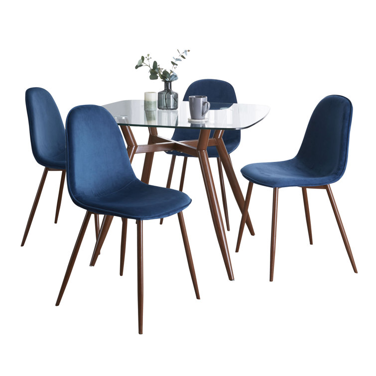Mid-Century Modern Blue Velvet and Glass 5-Piece Dining Set