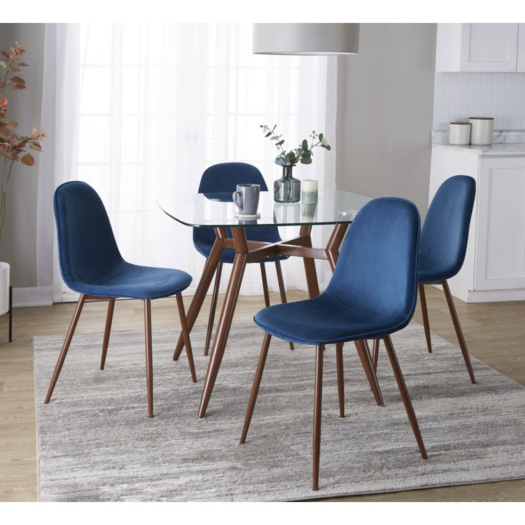 Mid-Century Modern Blue Velvet and Glass 5-Piece Dining Set