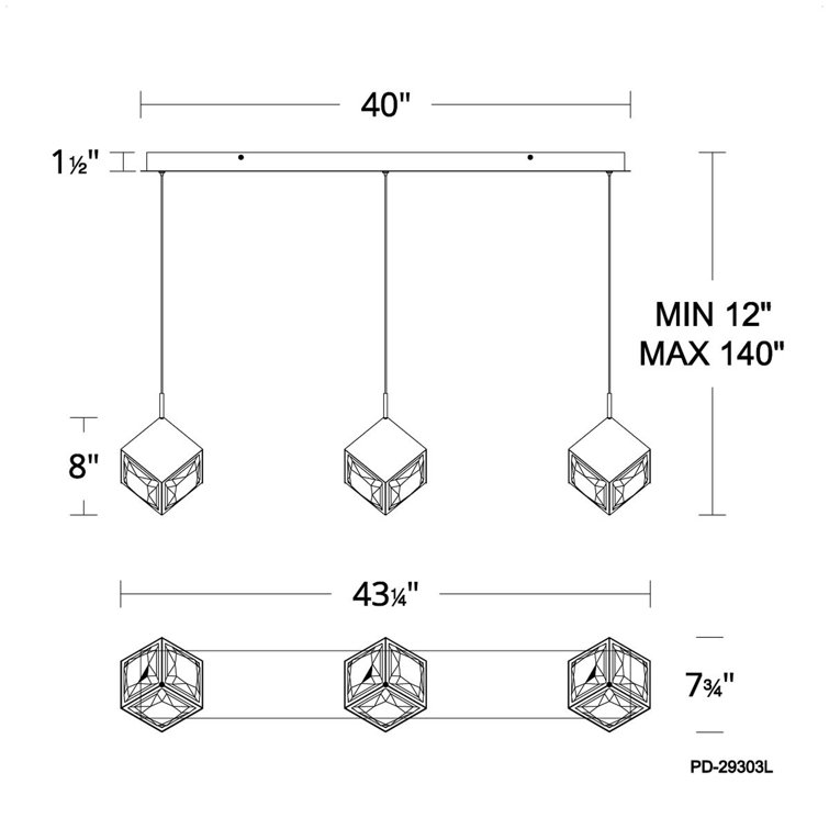 Aged Brass Crystal LED 3-Light Linear Pendant