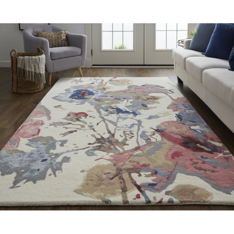 Dafney Blue and Pink Floral Handmade Wool Area Rug