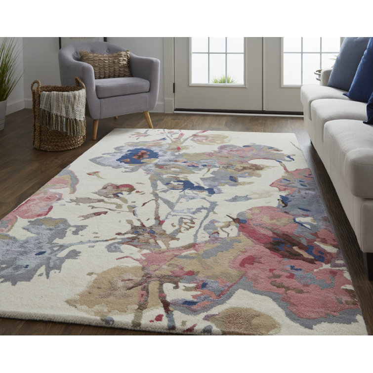 Dafney Blue and Pink Floral Handmade Wool Area Rug