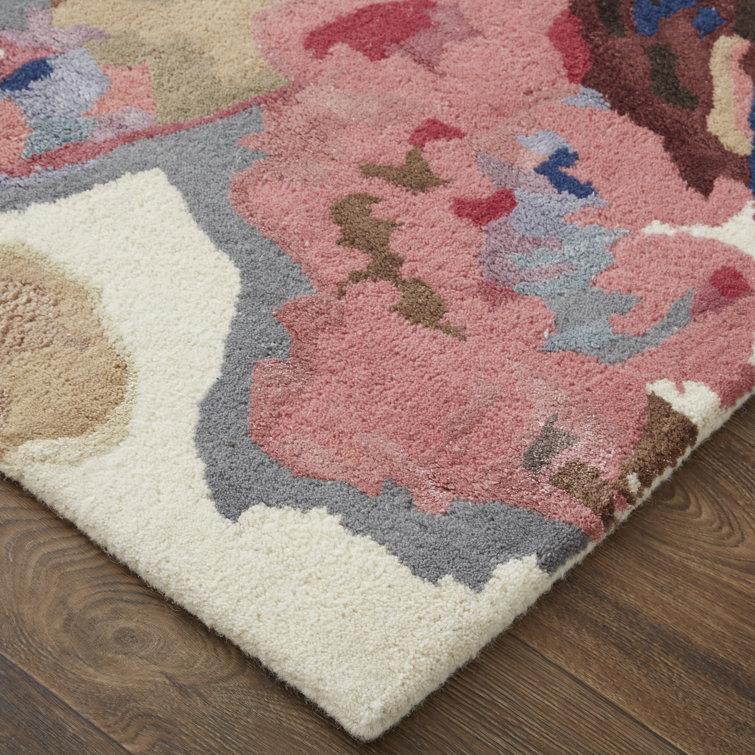 Dafney Blue and Pink Floral Handmade Wool Area Rug