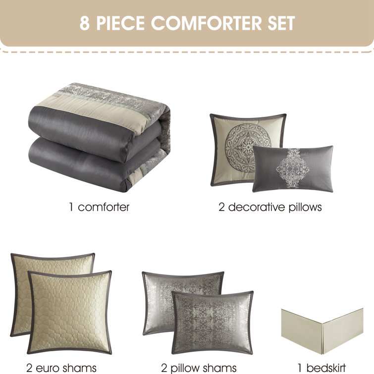 Gray Microfiber Damask California King Comforter Set, 8 Pieces