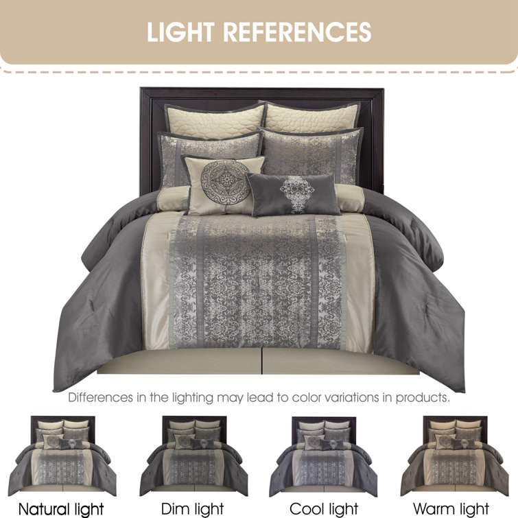Gray Microfiber Damask California King Comforter Set, 8 Pieces