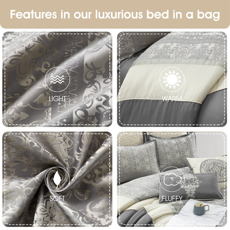 Gray Microfiber Damask California King Comforter Set, 8 Pieces