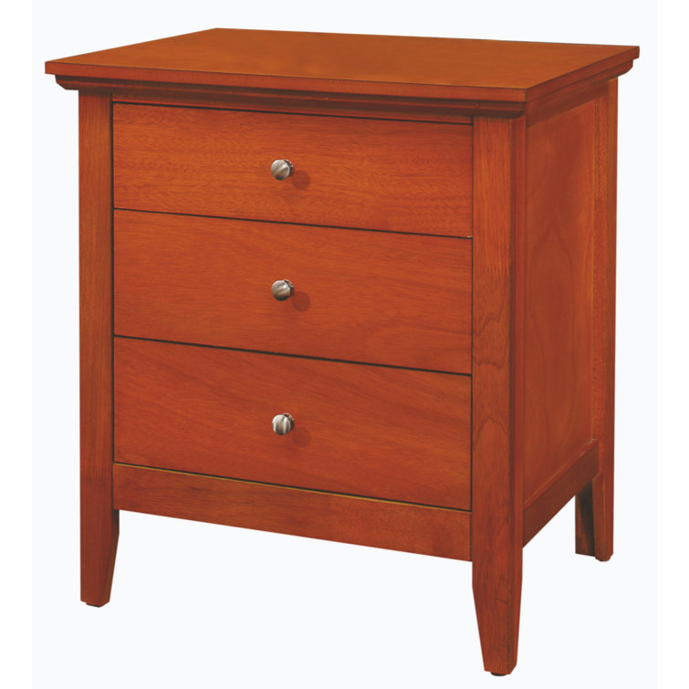 Oak Veneer 3-Drawer Rectangular Nightstand with Nickel Handles