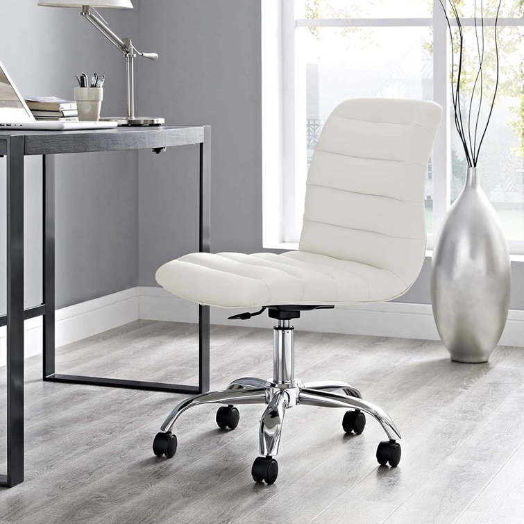 Cream Channel Tufted Armless Swivel Office Chair with Metal Base