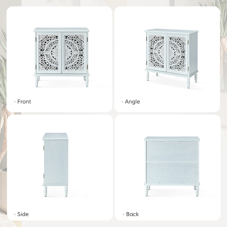 White Freestanding 2-Door Accent Cabinet with Carved Floral Design