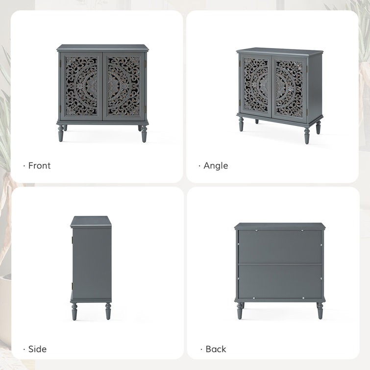 Gray Floral Carved 32" Tall Accent Cabinet with Solid Wood Legs