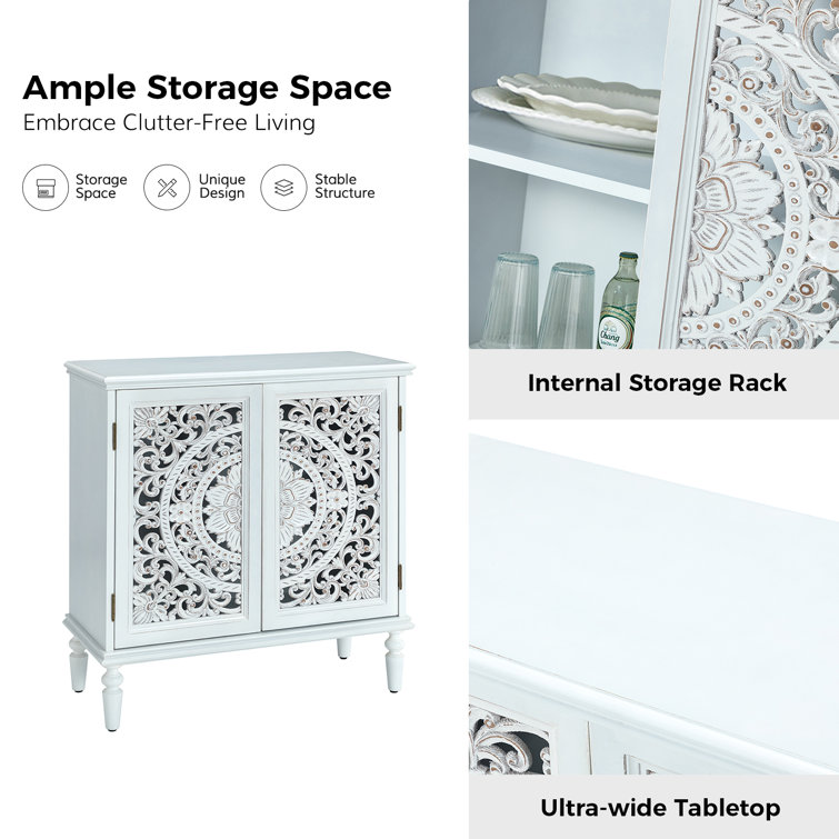 White Freestanding 2-Door Accent Cabinet with Carved Floral Design