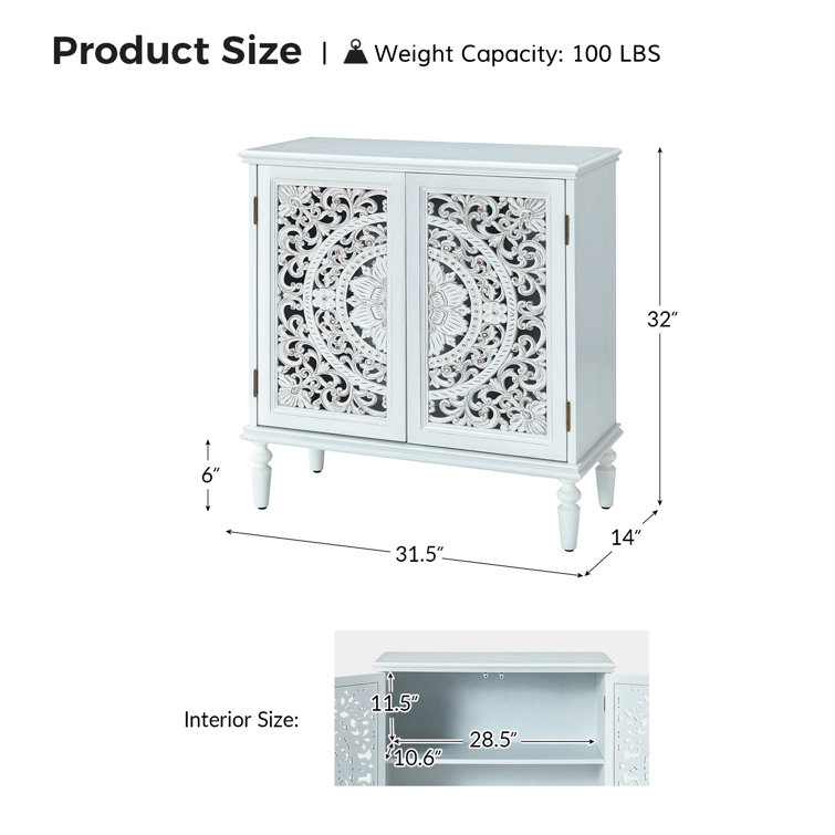 White Freestanding 2-Door Accent Cabinet with Carved Floral Design