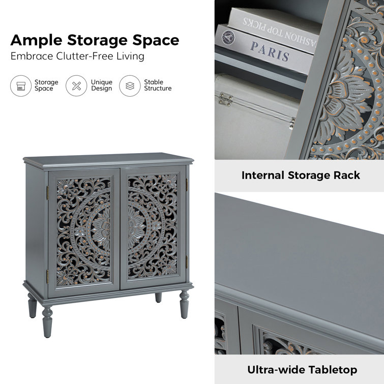 Gray Floral Carved 32" Tall Accent Cabinet with Solid Wood Legs
