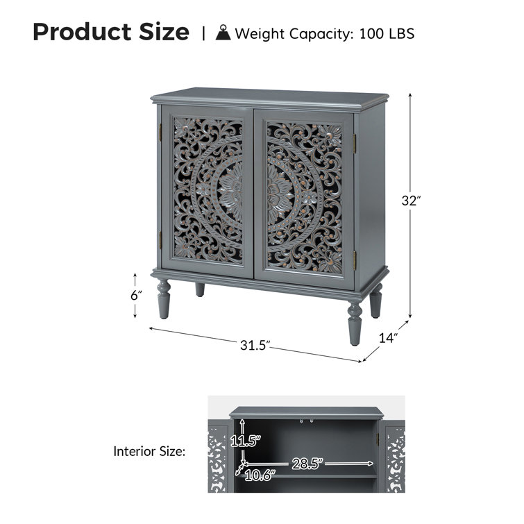 Gray Floral Carved 32" Tall Accent Cabinet with Solid Wood Legs
