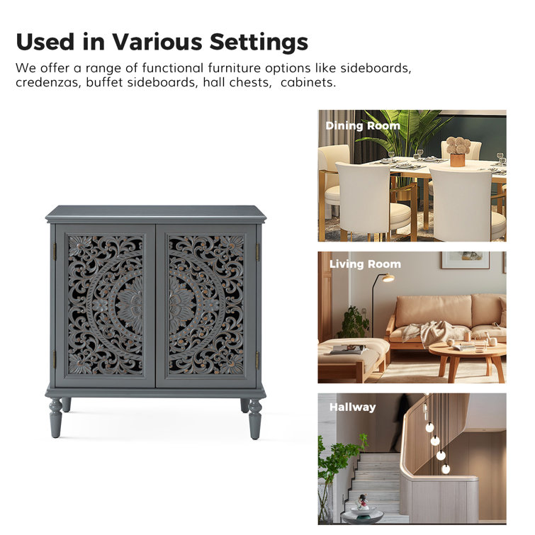 Gray Floral Carved 32" Tall Accent Cabinet with Solid Wood Legs