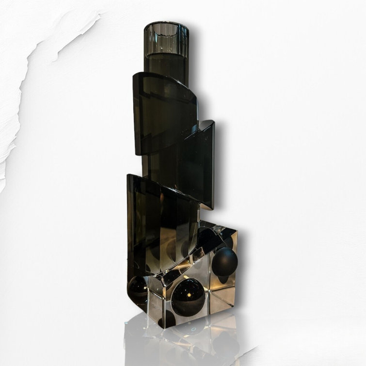Abstract Dark Gray and Clear Crystal Handmade Candlestick