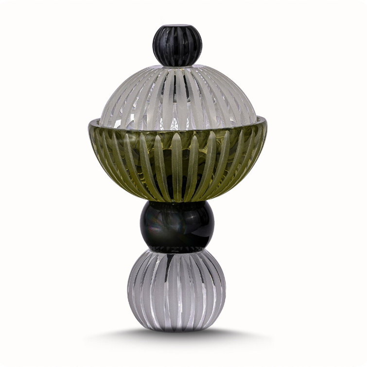 Handcrafted Clear, Black, and Green Glass Decorative Bowl