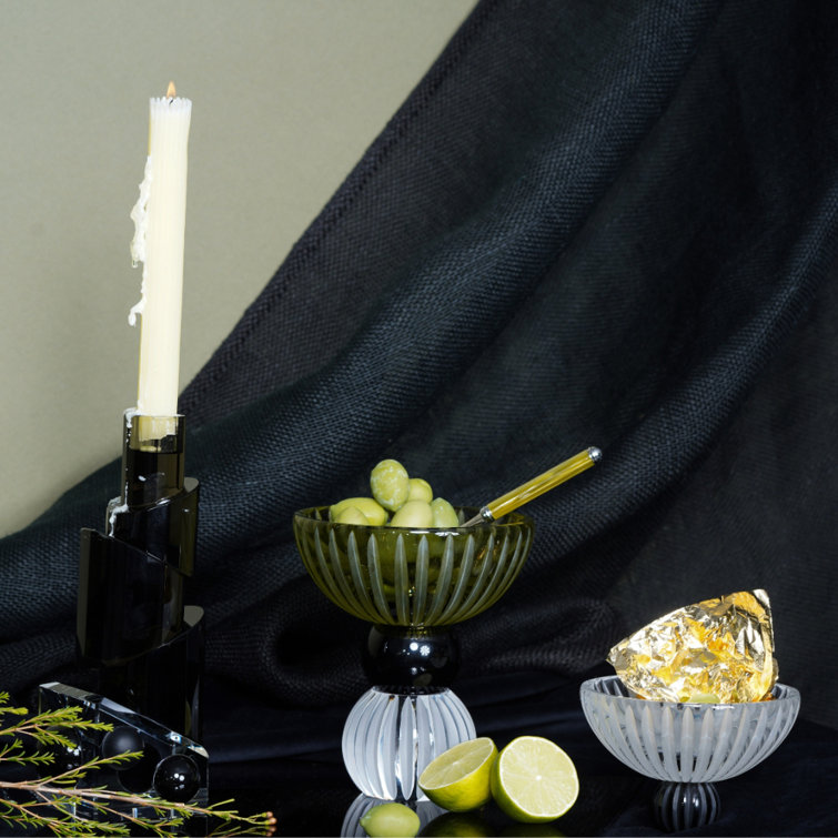 Handcrafted Clear, Black, and Green Glass Decorative Bowl