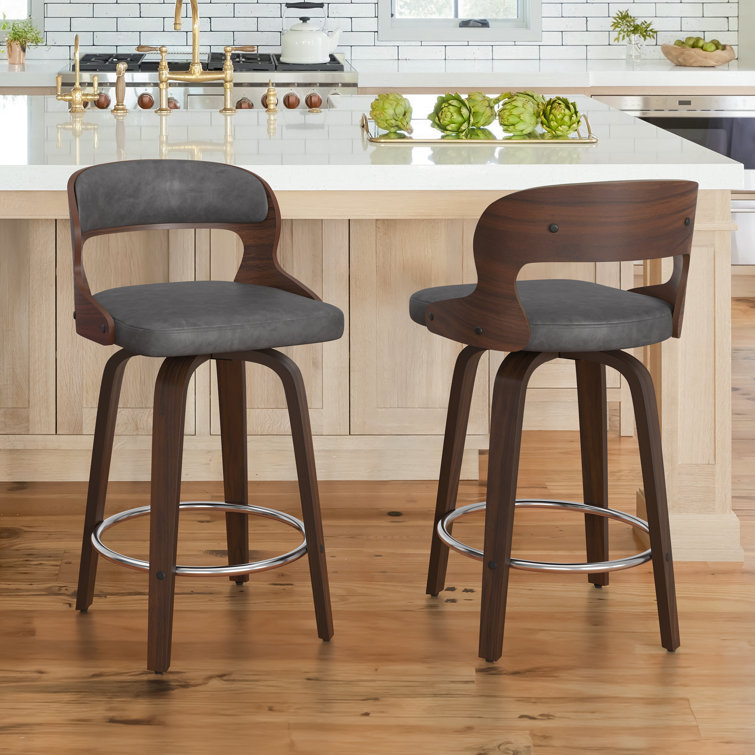 Gray Faux Leather Swivel Counter Stools with Walnut Wood Frame, Set of 2