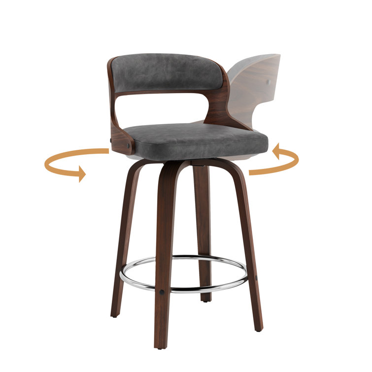 Gray Faux Leather Swivel Counter Stools with Walnut Wood Frame, Set of 2