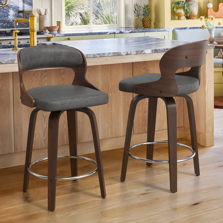 Gray Faux Leather Swivel Counter Stools with Walnut Wood Frame, Set of 2