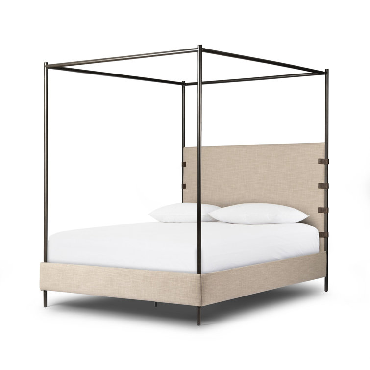 Beige Queen Upholstered Canopy Bed with Metal Frame