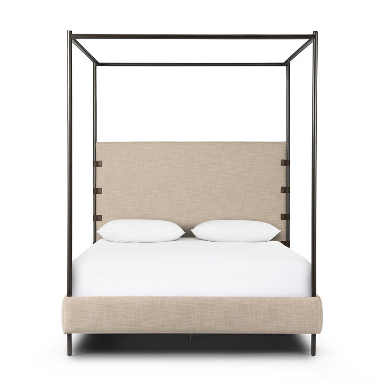 Beige Queen Upholstered Canopy Bed with Metal Frame