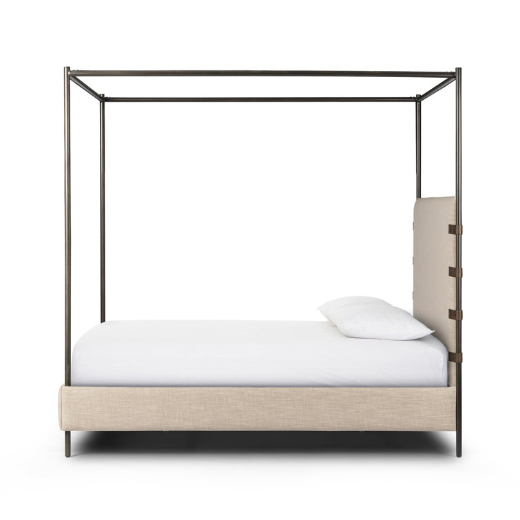 Beige Queen Upholstered Canopy Bed with Metal Frame