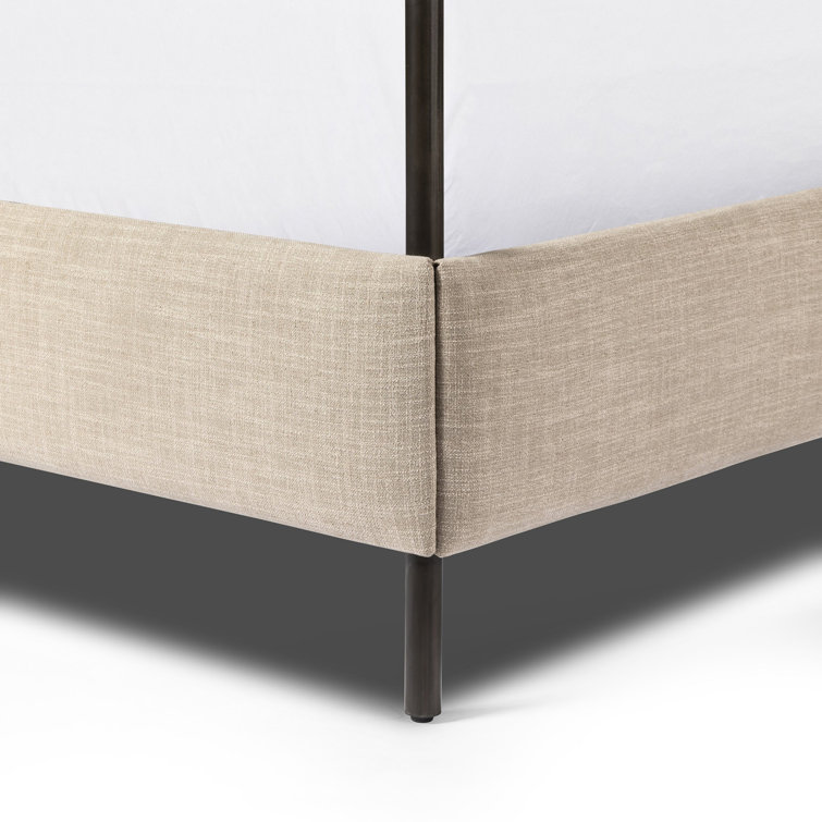 Beige Queen Upholstered Canopy Bed with Metal Frame