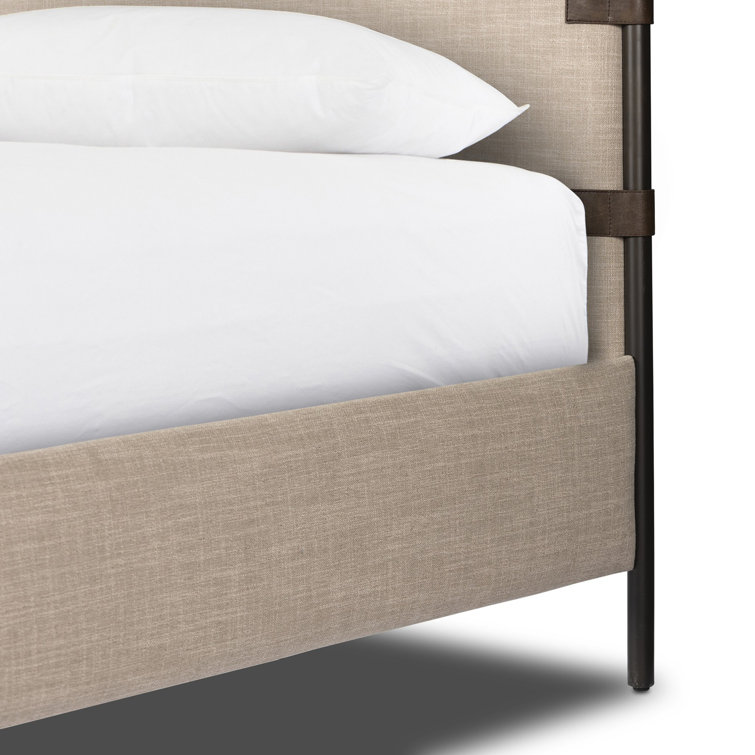 Beige Queen Upholstered Canopy Bed with Metal Frame
