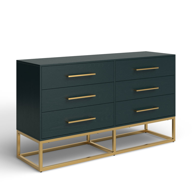 Estelle Transitional Teal 6-Drawer Dresser with Brass Accents
