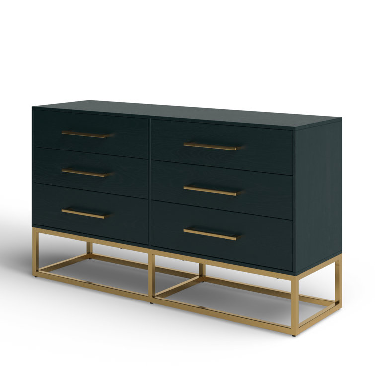 Estelle Transitional Teal 6-Drawer Dresser with Brass Accents