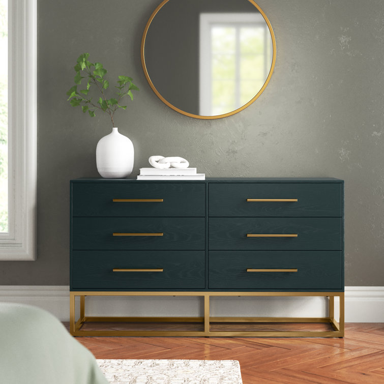 Estelle Transitional Teal 6-Drawer Dresser with Brass Accents