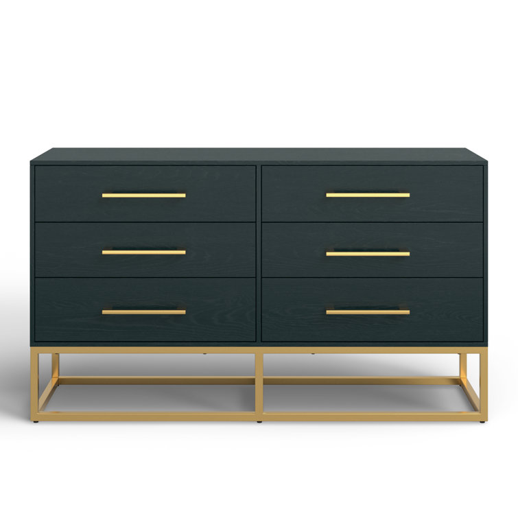 Estelle Transitional Teal 6-Drawer Dresser with Brass Accents