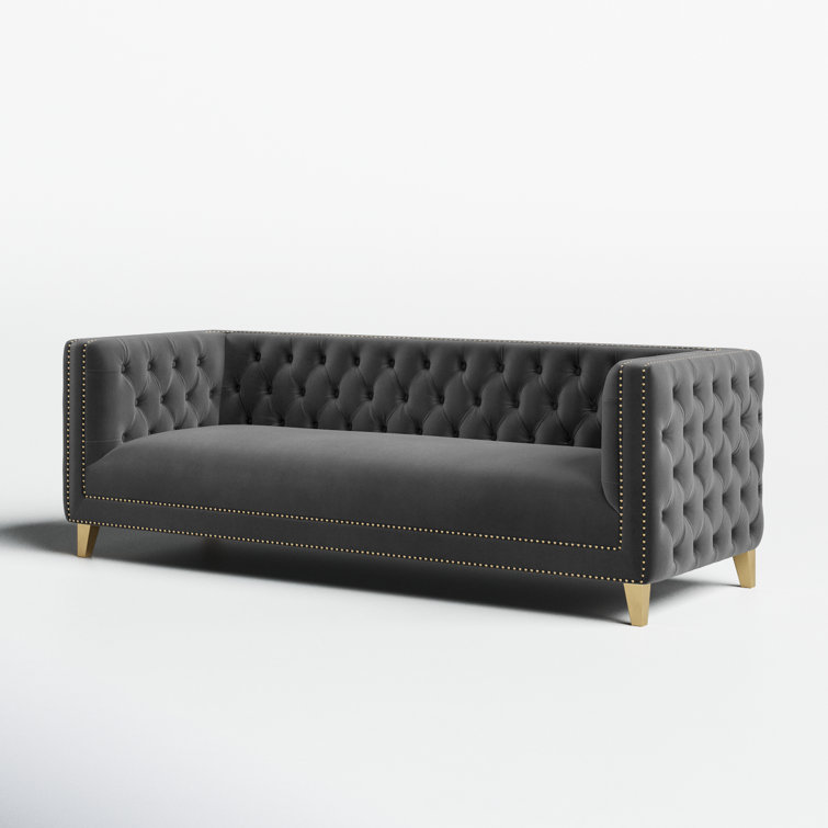 Michelle 90'' Grey Velvet Tufted Sofa with Gold Nailhead Trim