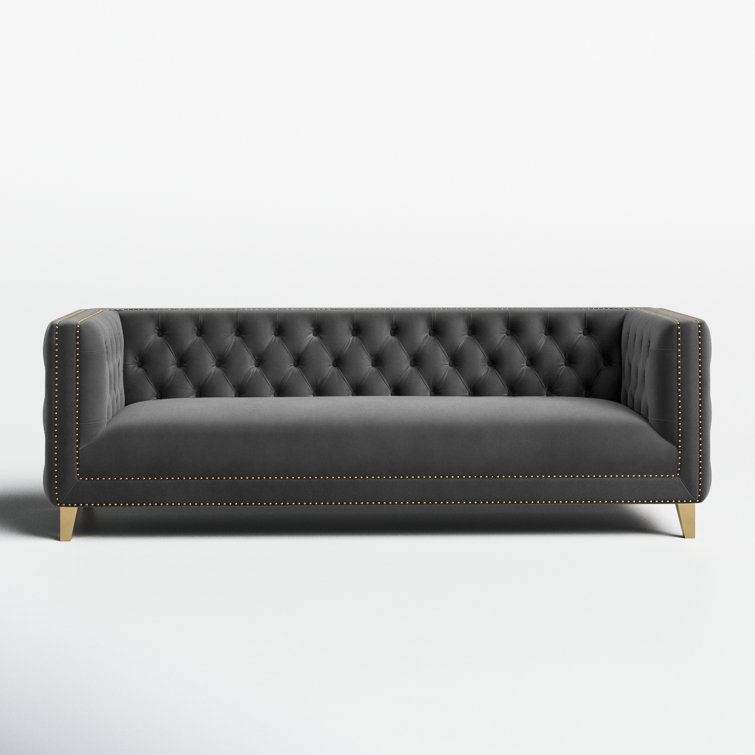 Michelle 90'' Grey Velvet Tufted Sofa with Gold Nailhead Trim