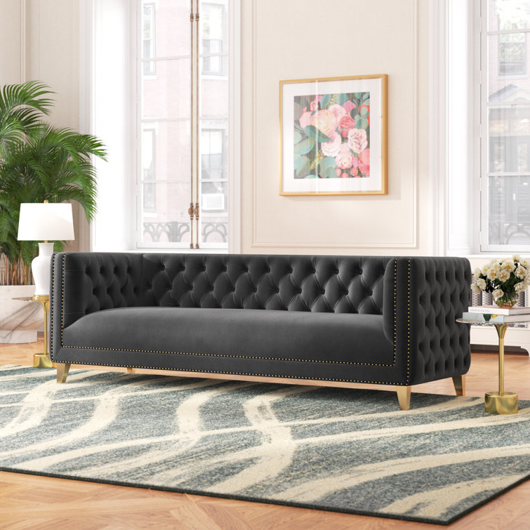 Michelle 90'' Grey Velvet Tufted Sofa with Gold Nailhead Trim